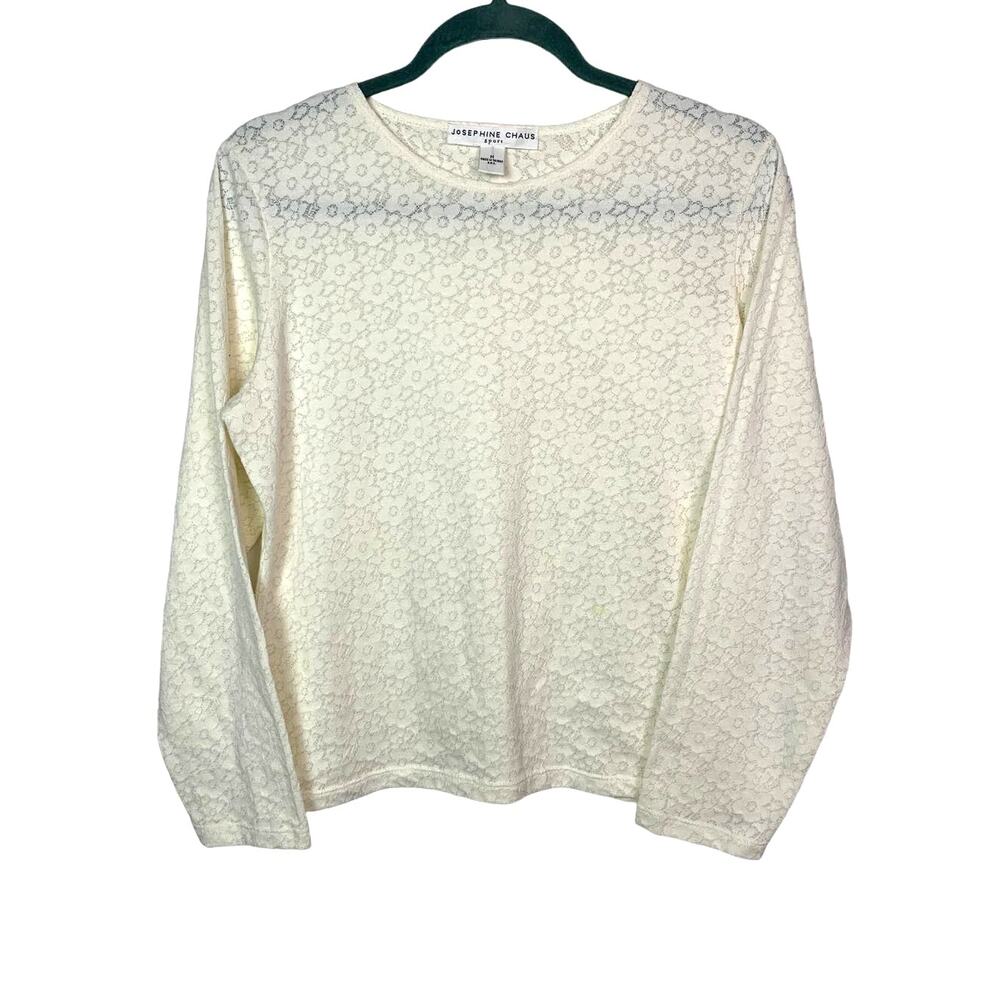 Elegant Josephine Chaus White Floral Mesh Top, Size M